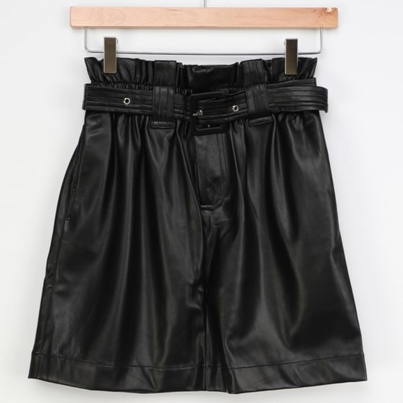 Black Vegan Leather Paperbag Waist Mini Skirt - Picture 2 of 3